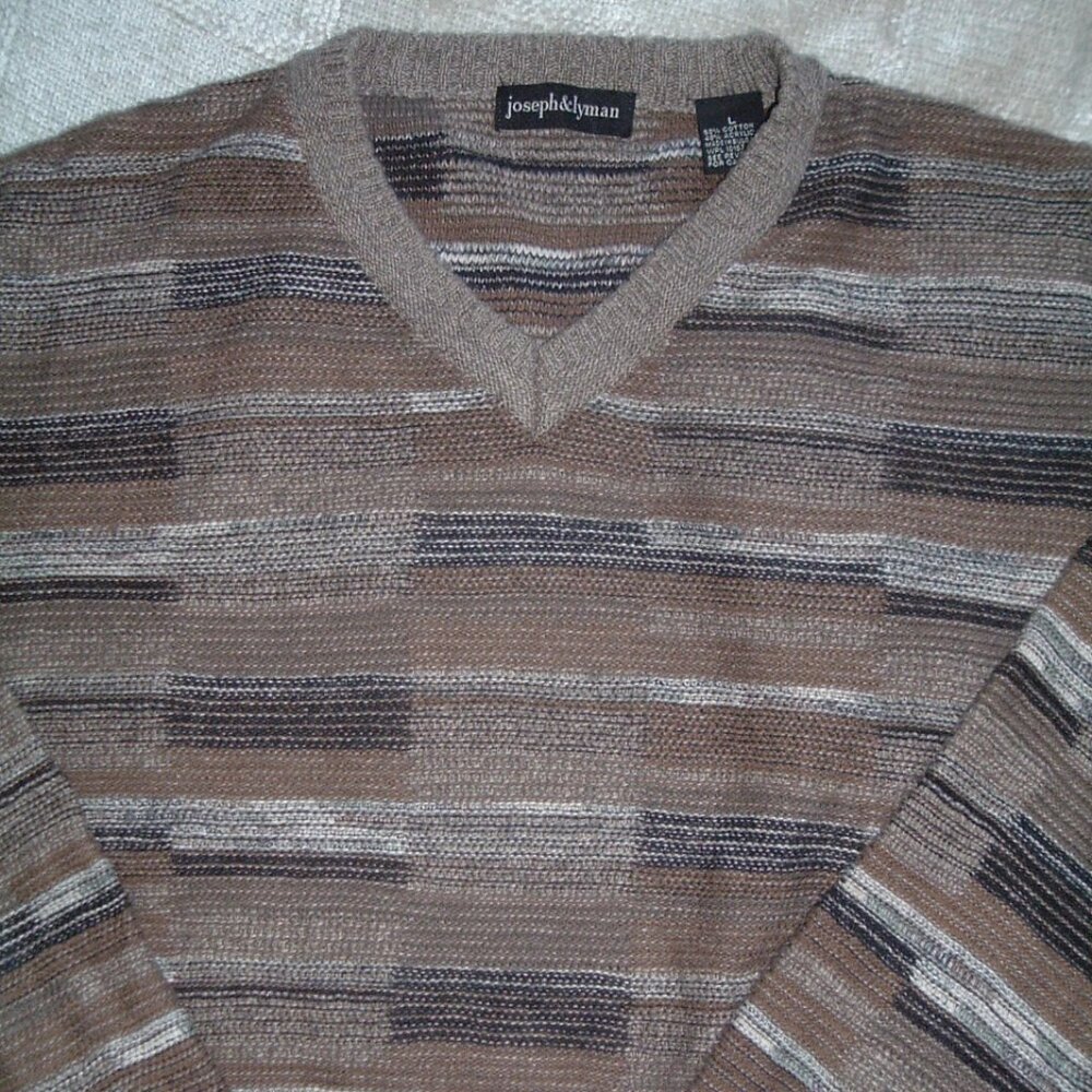 JOSEPH & LYMAN bloomingdales retro v neck print geometric cotton SWEATER brown L